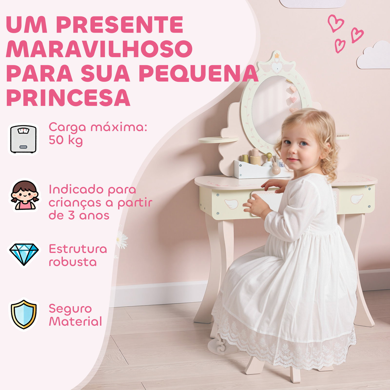 Toucador para crianças com banco toucador com espelho gaveta e 7 acessórios rosa