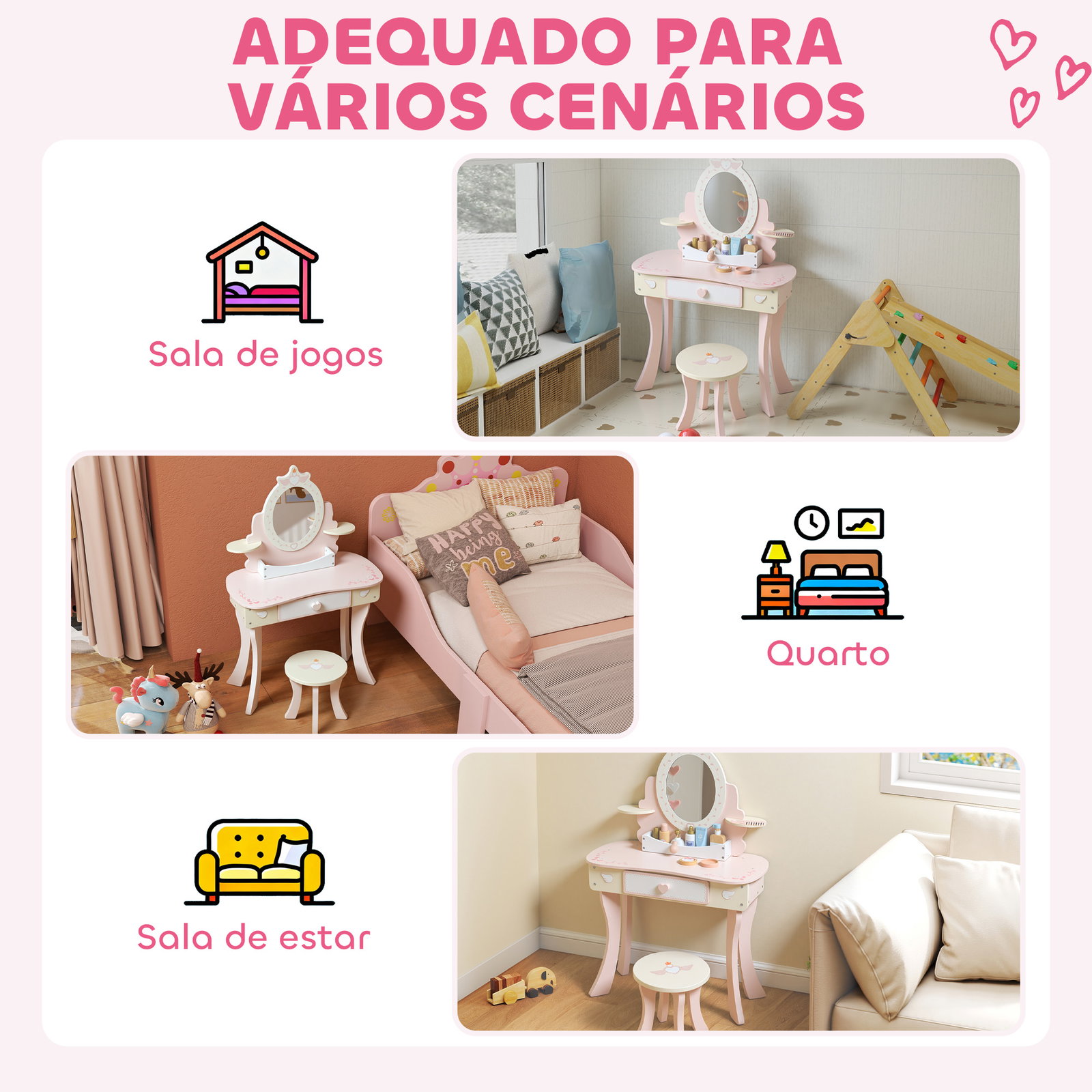 Toucador para crianças com banco toucador com espelho gaveta e 7 acessórios rosa