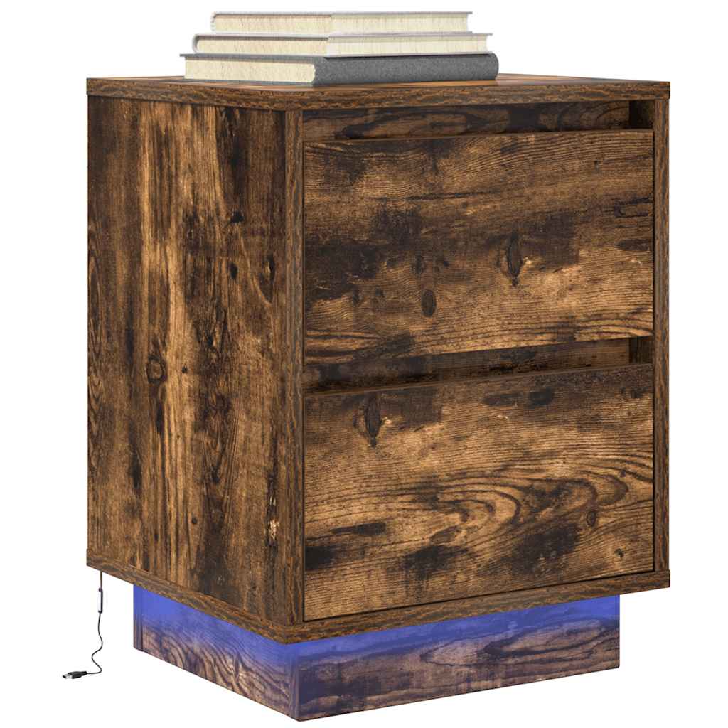 Mesa de cabeceira com luzes LED 38x34x50 cm carvalho fumado