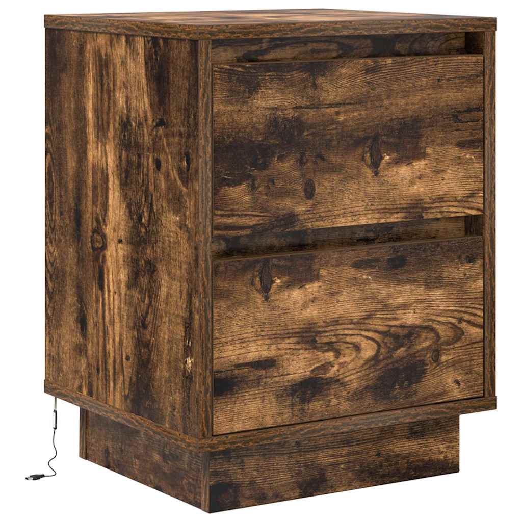 Mesa de cabeceira com luzes LED 38x34x50 cm carvalho fumado