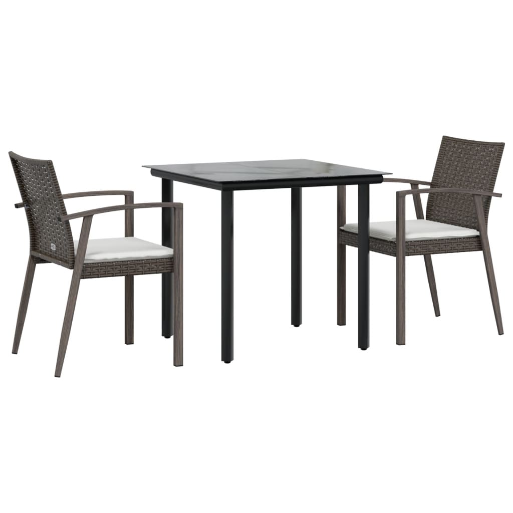 3 Pcs conjunto de jantar p/ jardim c/ almofadões vime PE e aço