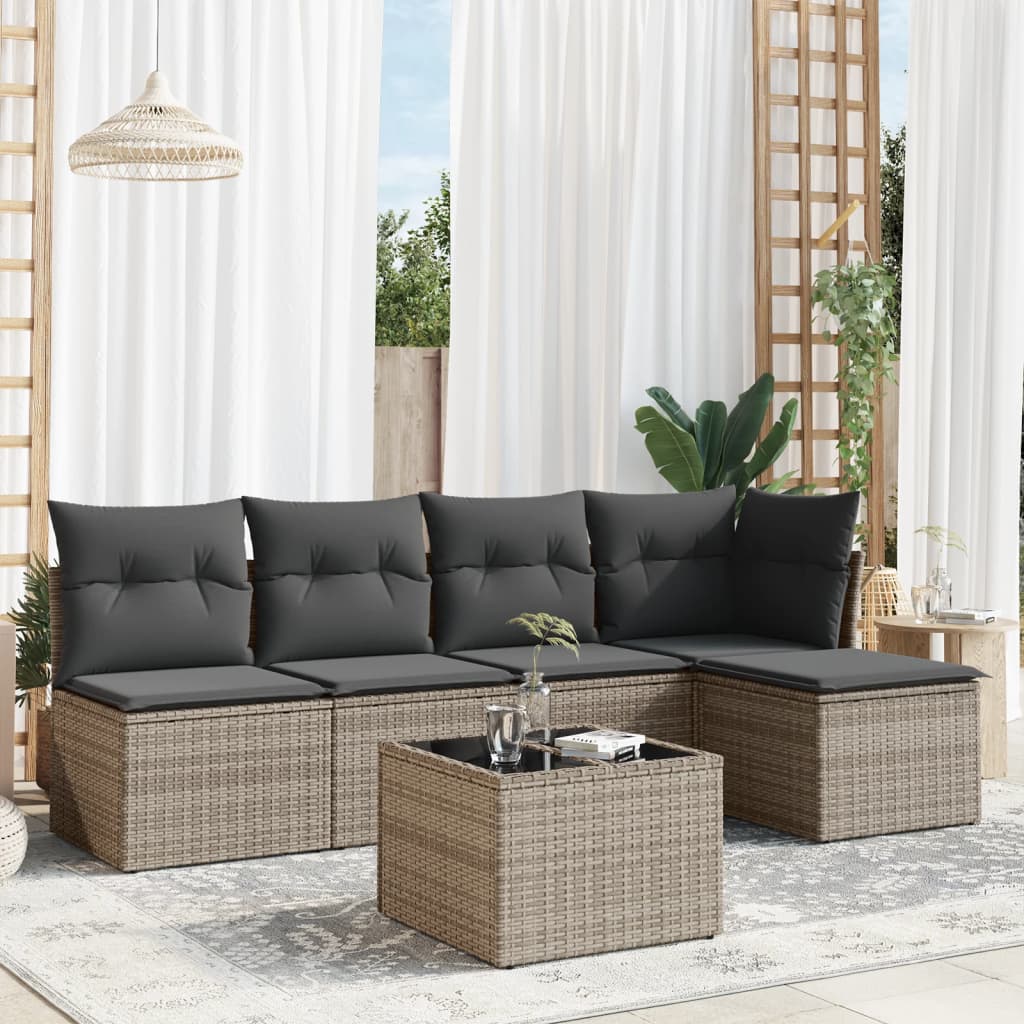 6 Pcs conjunto sofás de jardim com almofadões vime cinzento