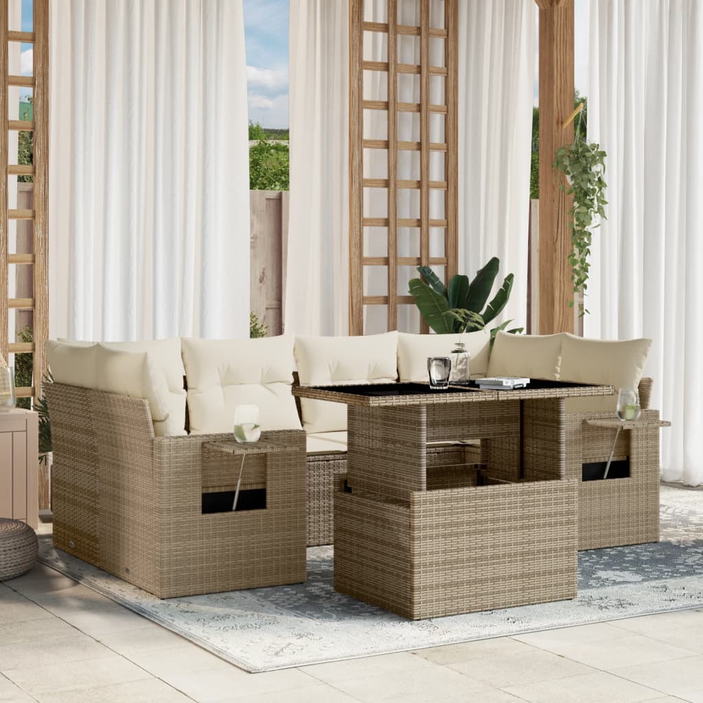 7 Pcs conjunto de sofás p/ jardim com almofadões vime PE bege