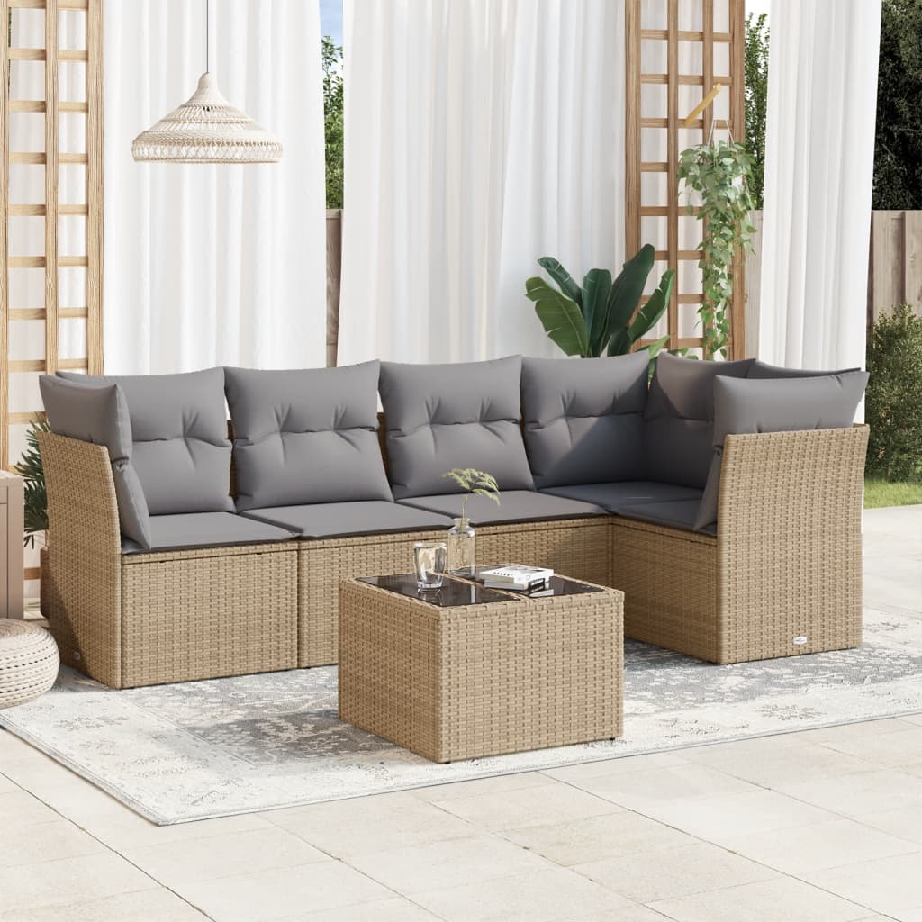 6 Pcs conjunto de sofás p/ jardim com almofadões vime PE bege