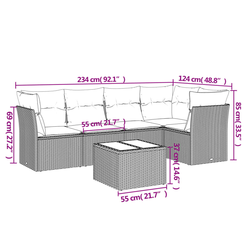 6 Pcs conjunto de sofás p/ jardim com almofadões vime PE bege