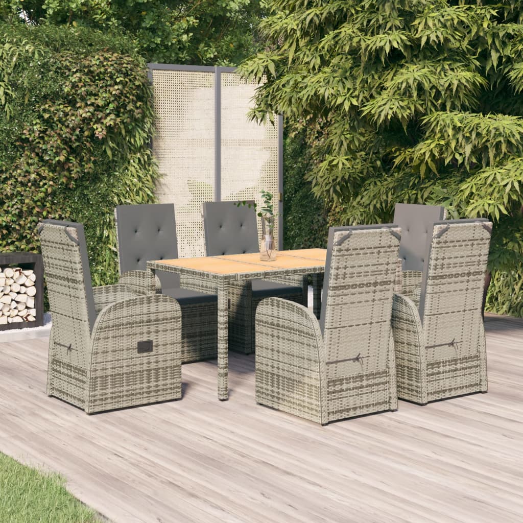 7 Pcs conjunto de jantar p/ jardim c/ almofadões vime PE cinza