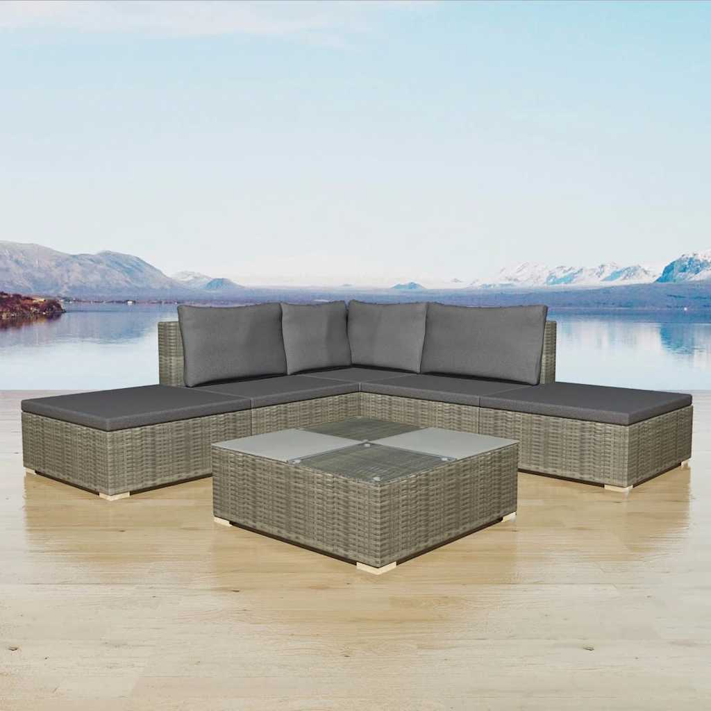 6 Pcs conjunto lounge de jardim c/ almofadões vime PE cinzento