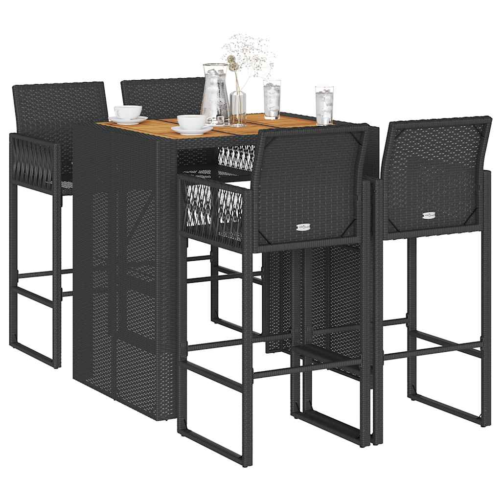 5 Pcs conj. de bar jardim sem almofadões vime PE/acácia preto