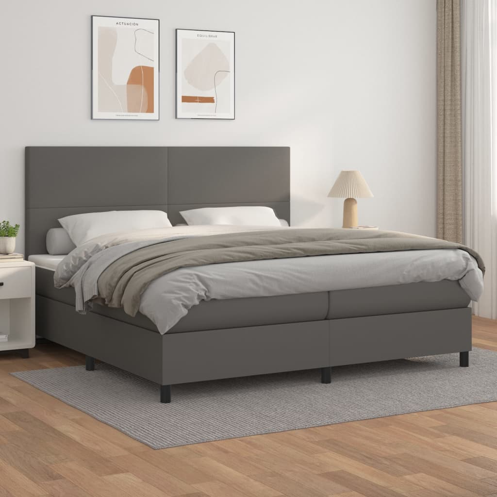 Cama com molas/colchão 200x200 cm couro artificial cinzento