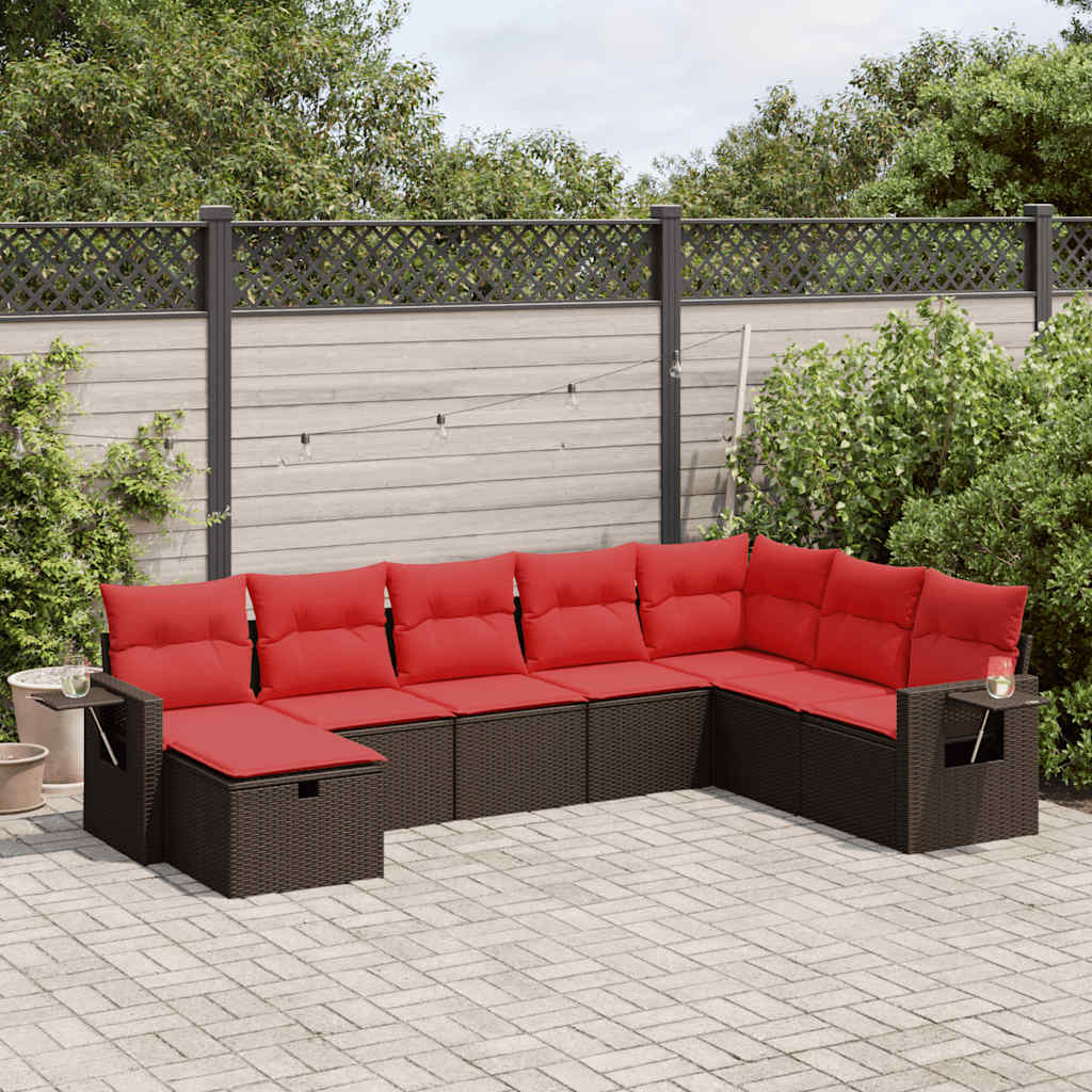8 Pcs conjunto sofás de jardim c/ almofadões vime PE castanho