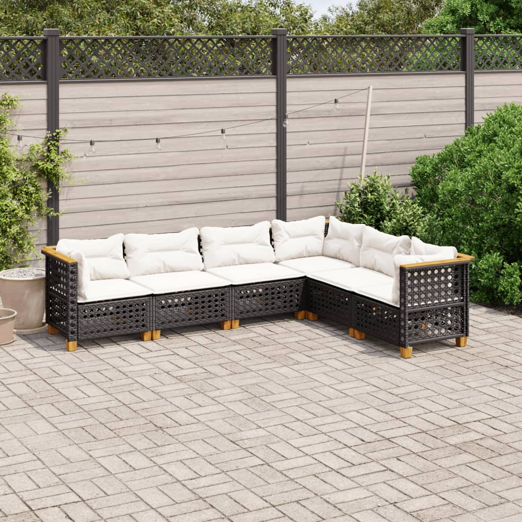 6 Pcs conjunto sofás de jardim c/ almofadões vime PE preto