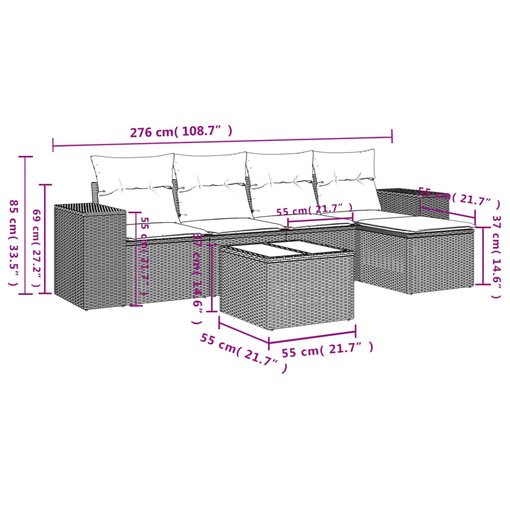 6 Pcs conjunto sofás de jardim com almofadões vime cinzento