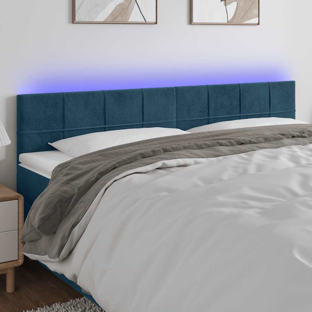Cabeceira de cama c/ luzes LED veludo 180x5x78/88cm azul-escuro