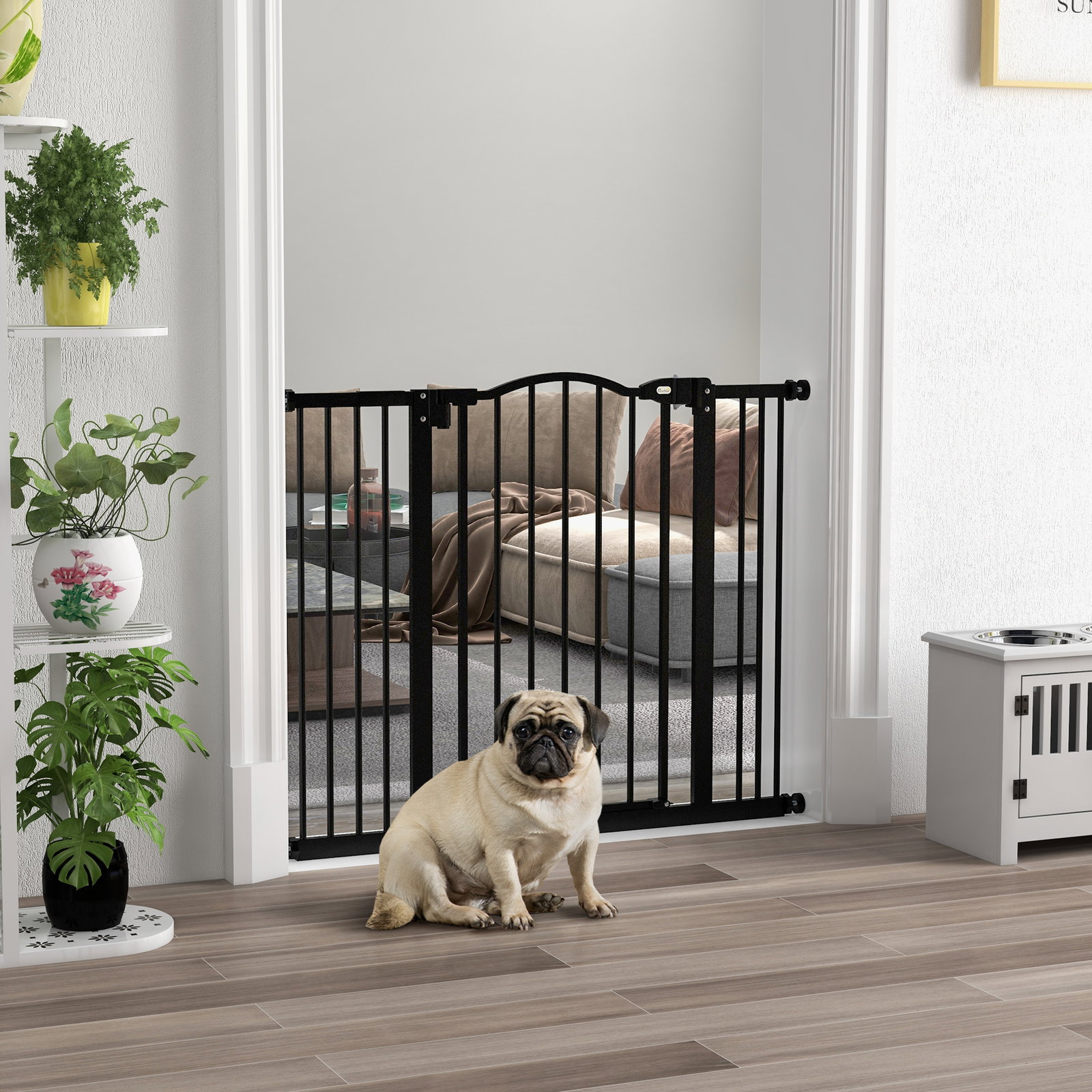 Barreira de segurança para cães com largura ajustável 74-100 cm e extensões para escadas e portas preto