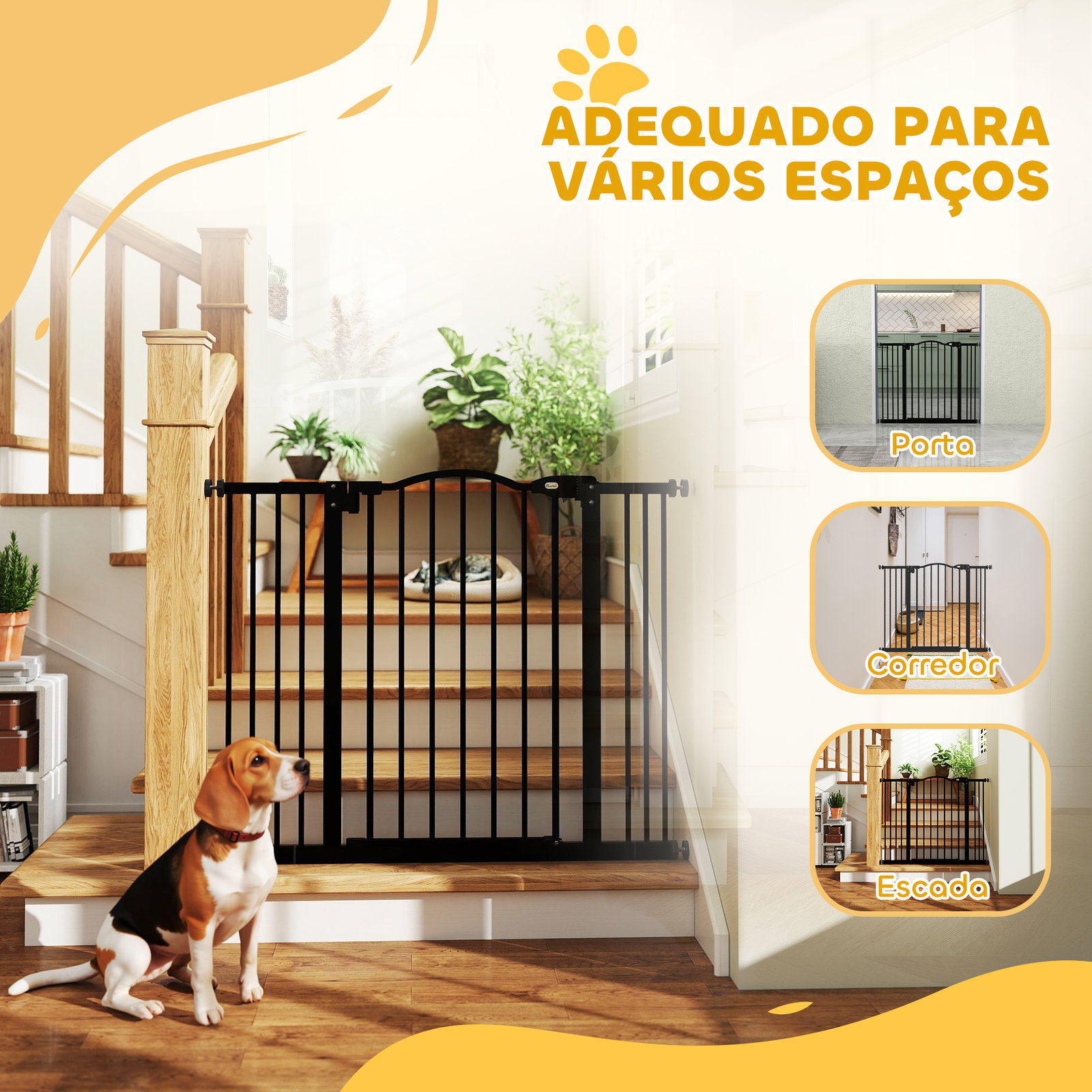 Barreira de segurança para cães com largura ajustável 74-100 cm e extensões para escadas e portas preto