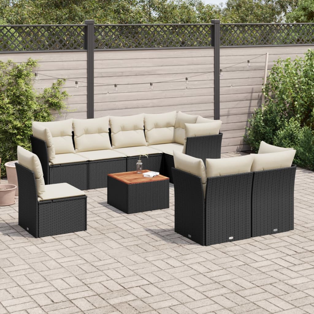 9 Pcs conjunto de sofás p/ jardim c/ almofadões vime PE preto