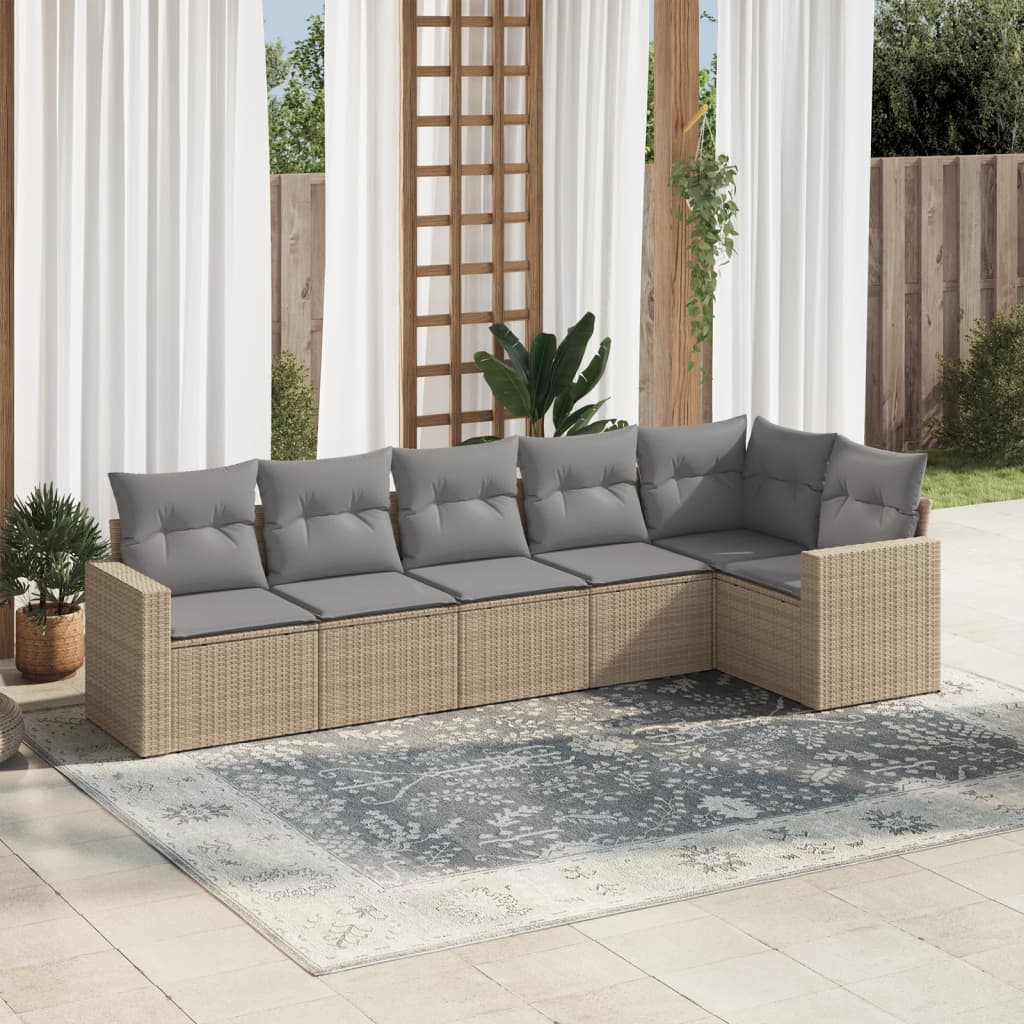 6 Pcs conjunto de sofás p/ jardim com almofadões vime PE bege