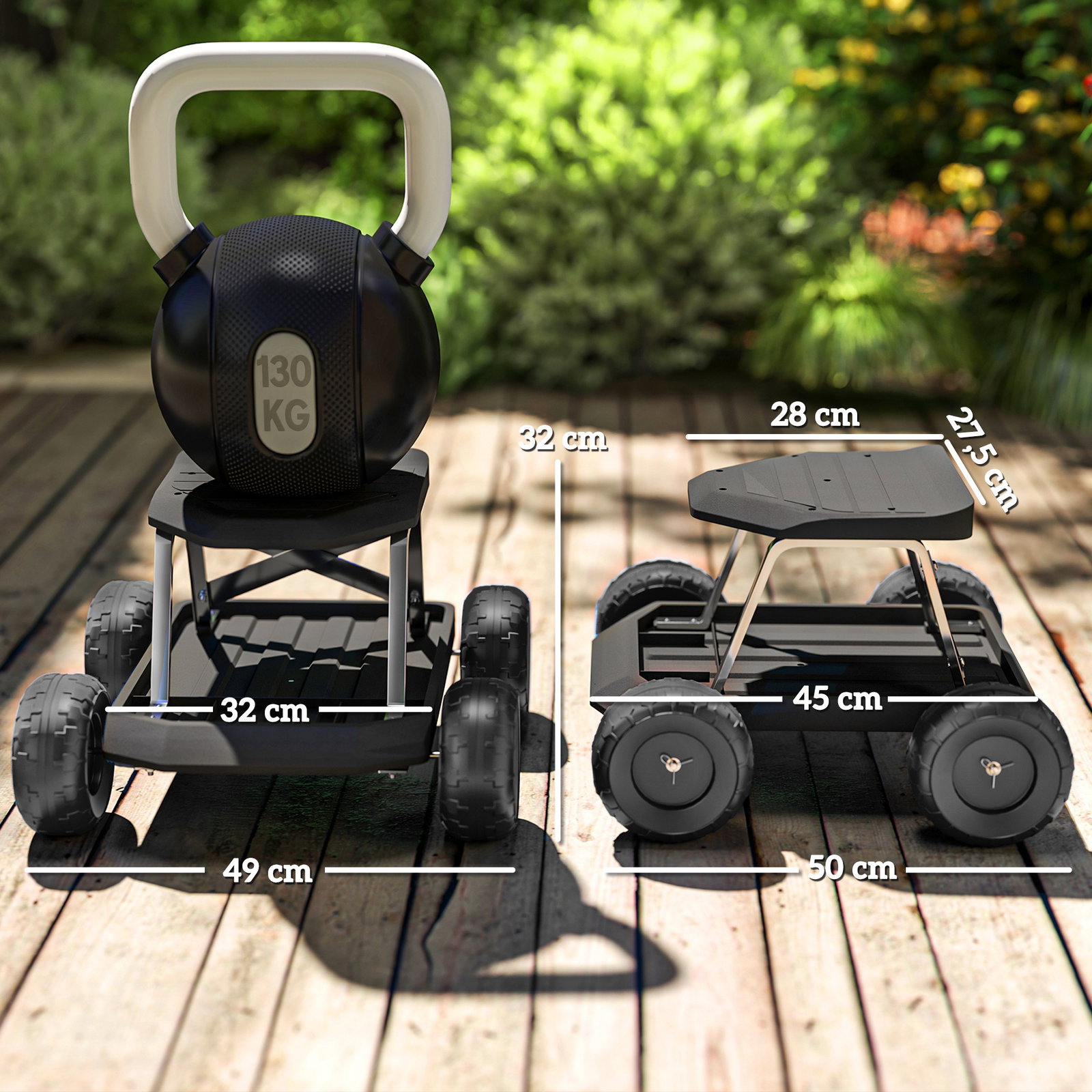 Assento de jardim com rodas banco de jardinagem com bandeja de ferramentas carrinho de trabalho 50x49x32 cm preto