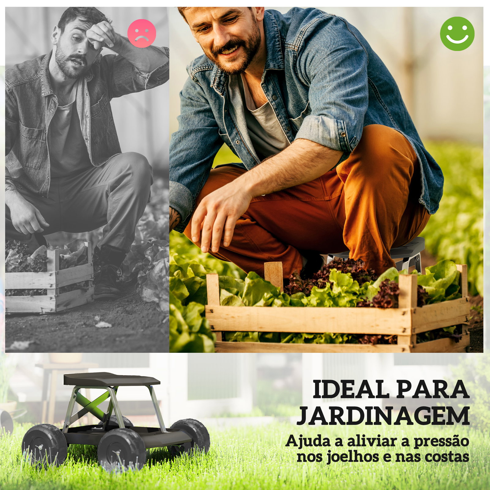 Assento de jardim com rodas banco de jardinagem com bandeja de ferramentas carrinho de trabalho 50x49x32 cm preto