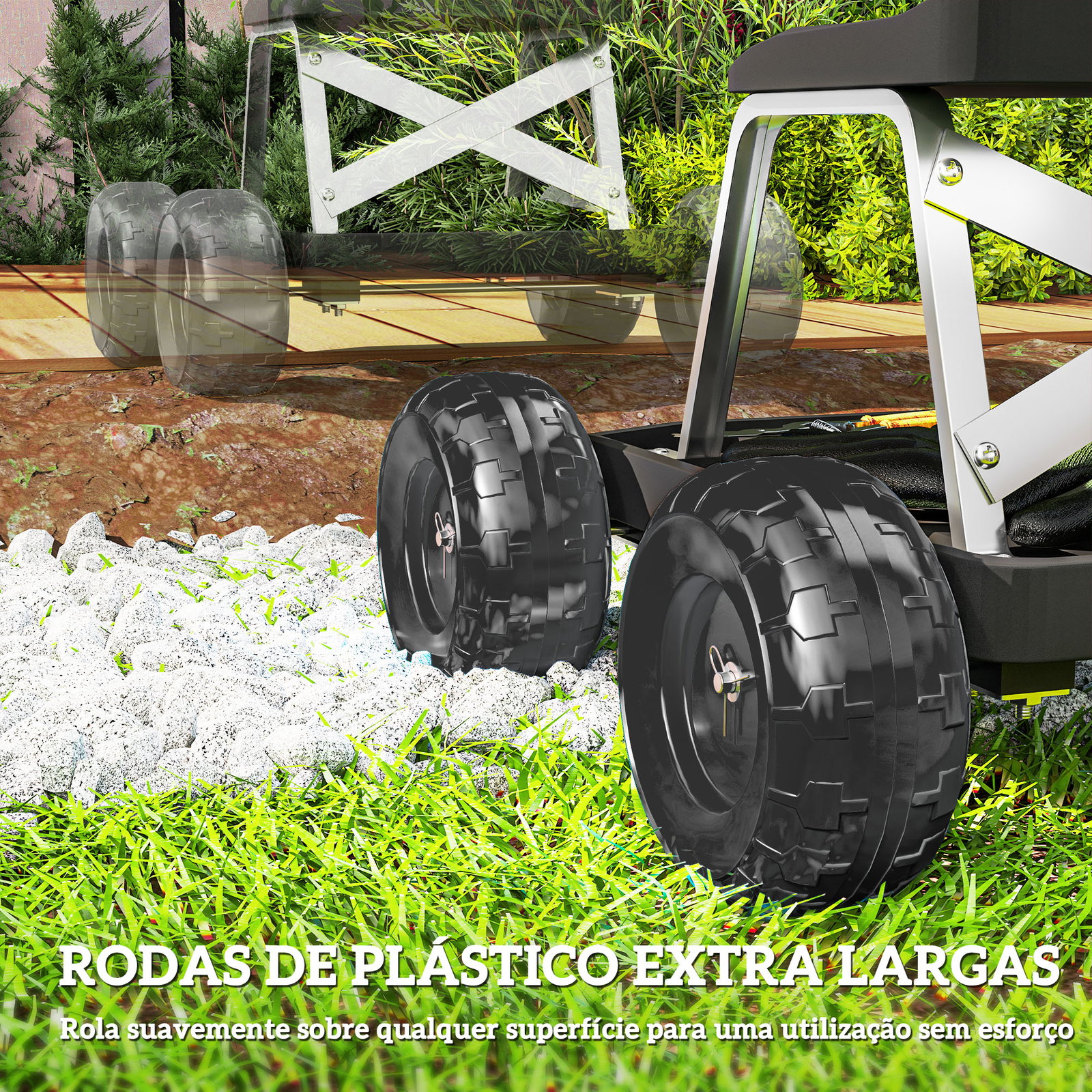 Assento de jardim com rodas banco de jardinagem com bandeja de ferramentas carrinho de trabalho 50x49x32 cm preto