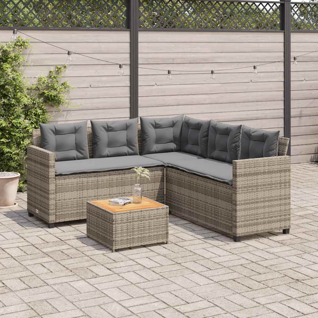 Sofá de jardim forma de l c/ mesa e almofadões vime PE cinzento
