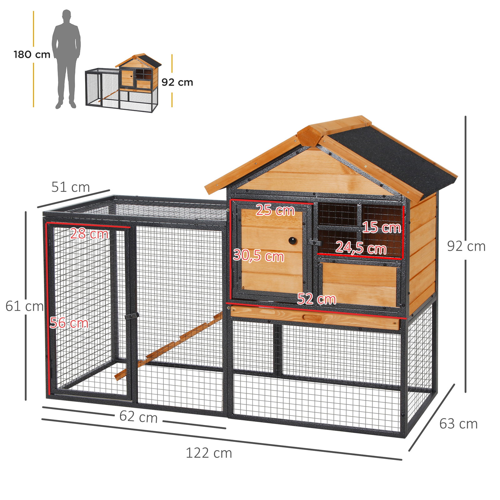 Coelheira para pequenos animais de estimação de 2 níveis com rampa e bandeja removível 122x63x92 cm madeira e cinza