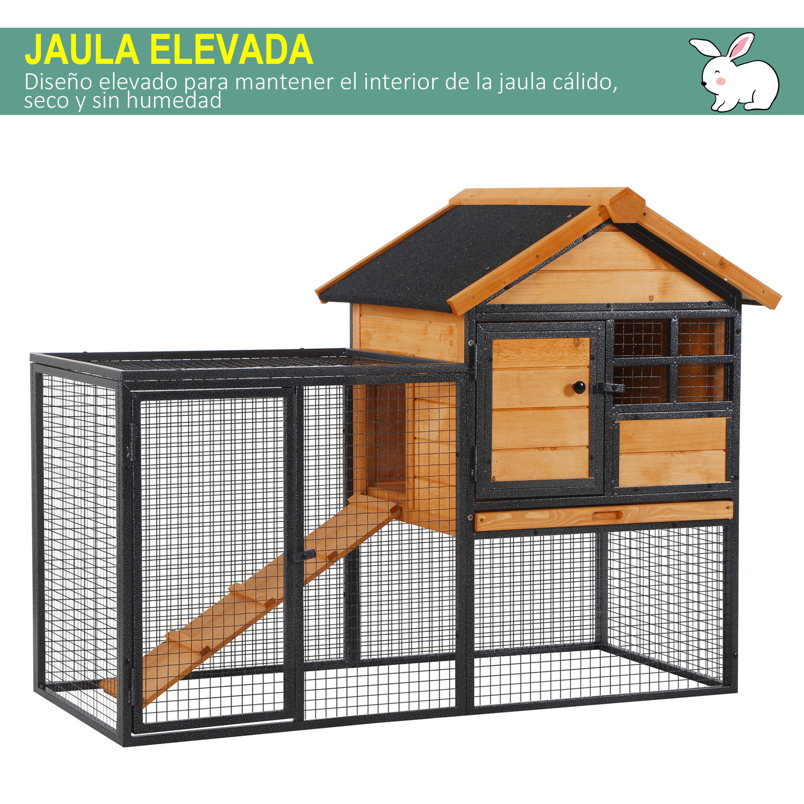 Coelheira para pequenos animais de estimação de 2 níveis com rampa e bandeja removível 122x63x92 cm madeira e cinza