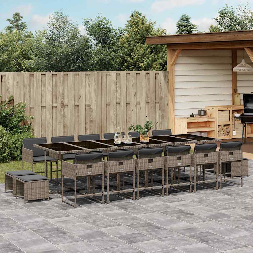 17 Pcs conj. de jantar p/ jardim c/ almofadões vime PE cinzento