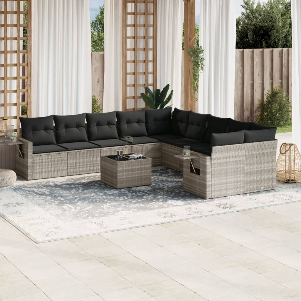 11 Pcs conjunto sofás de jardim c/ almofadões vime PE cinzento