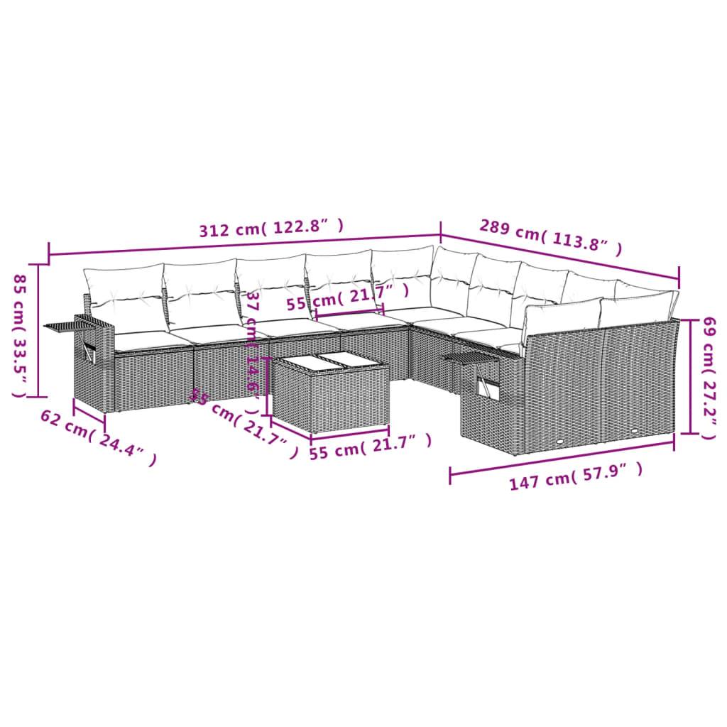 11 Pcs conjunto sofás de jardim c/ almofadões vime PE cinzento