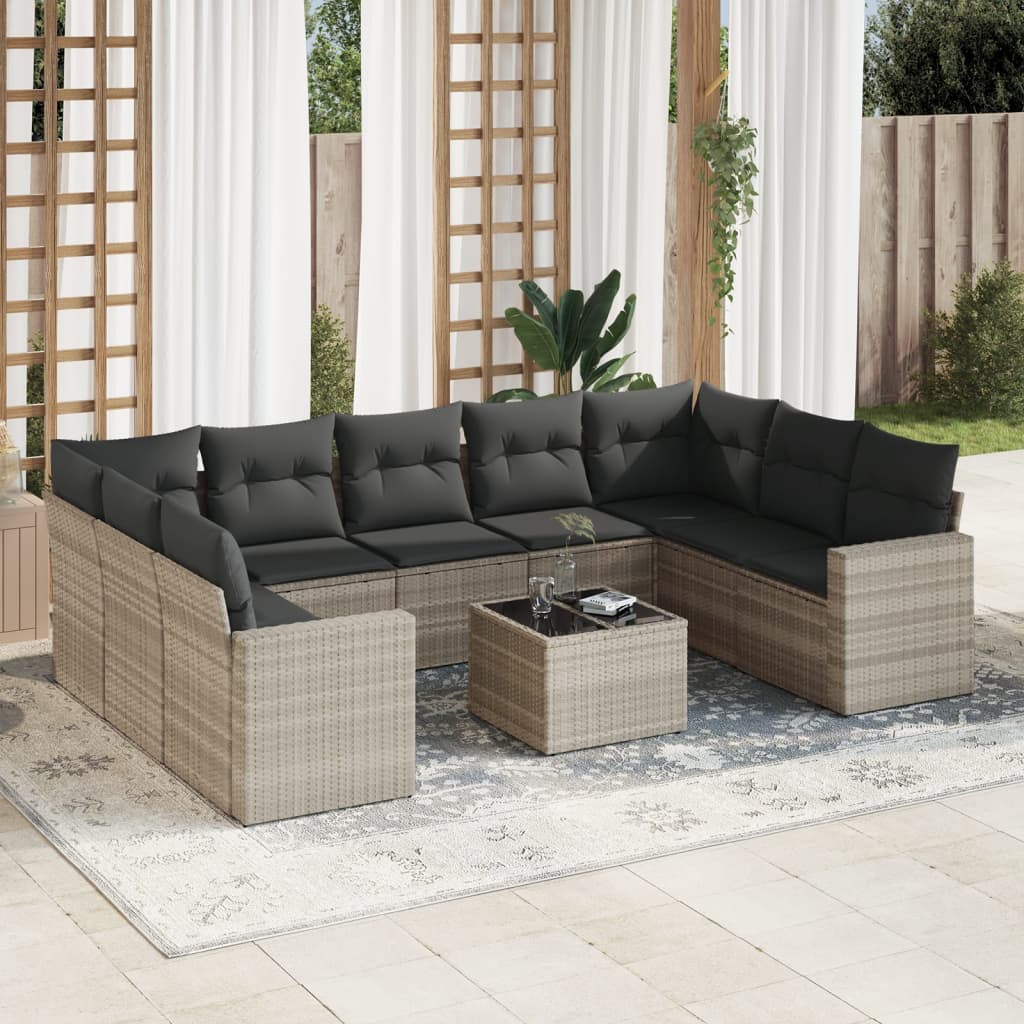 10 Pcs conj. sofás jardim com almofadões vime PE cinzento-claro