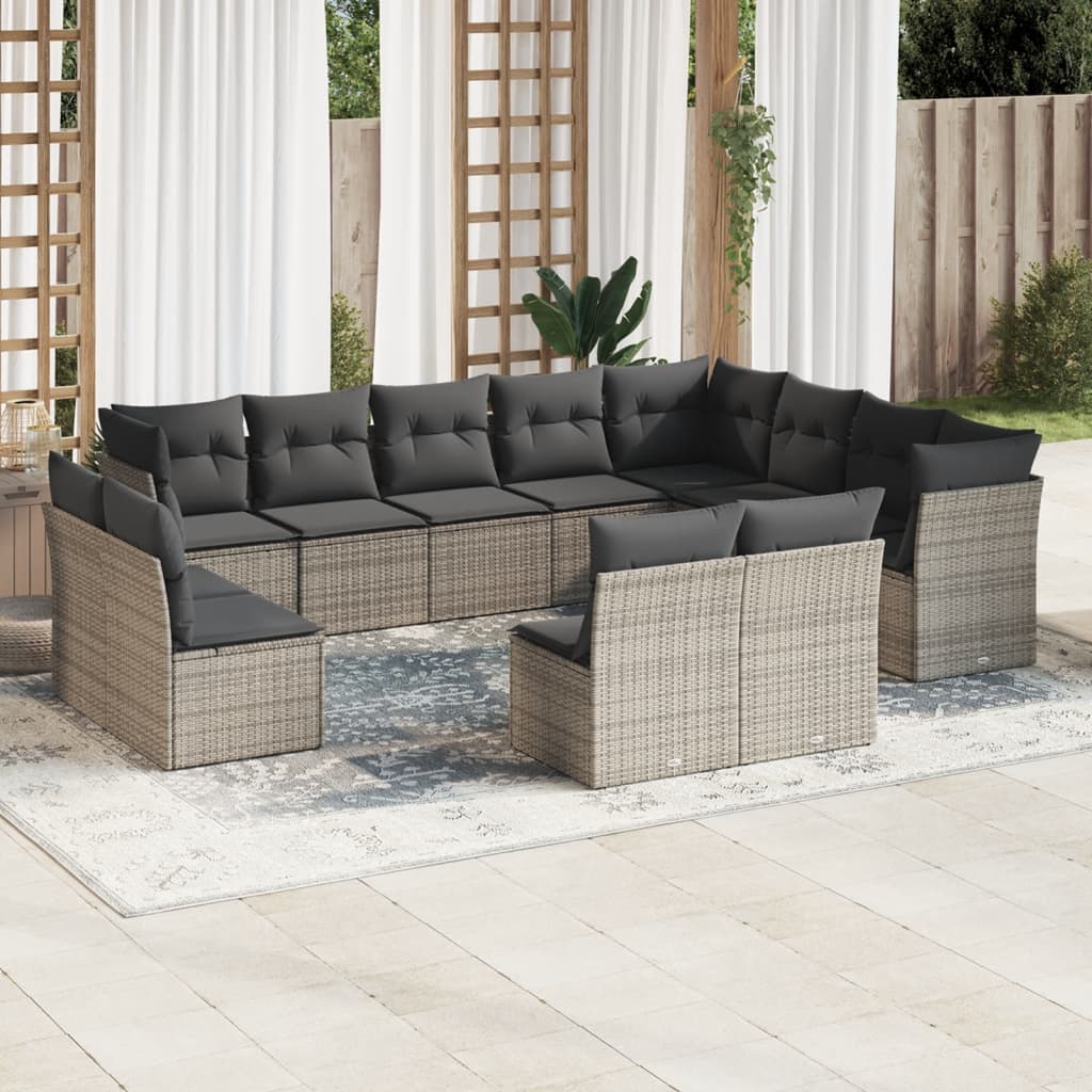 12 Pcs conjunto de sofás jardim c/ almofadões vime PE cinzento