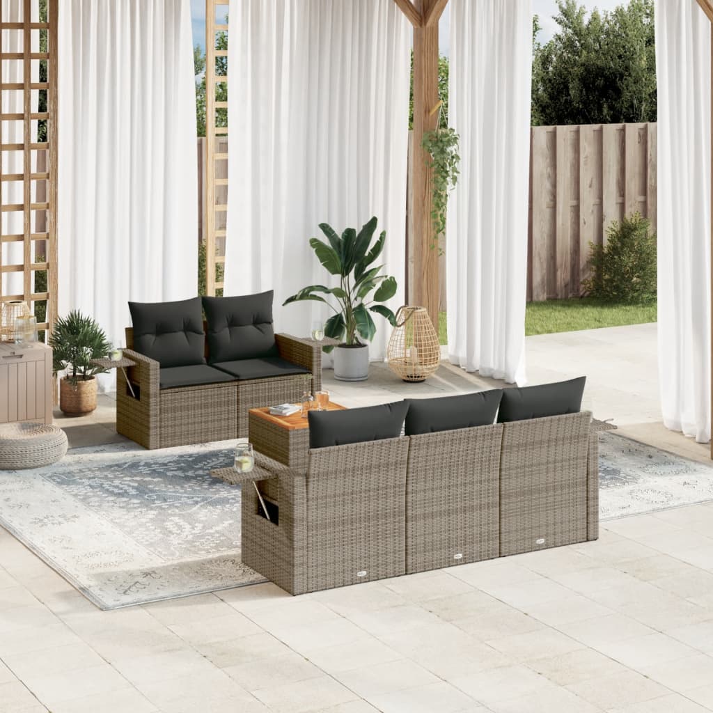 6 Pcs conjunto sofás de jardim com almofadões vime cinzento