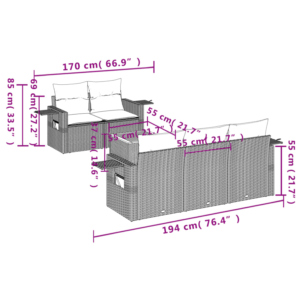 6 Pcs conjunto sofás de jardim com almofadões vime cinzento