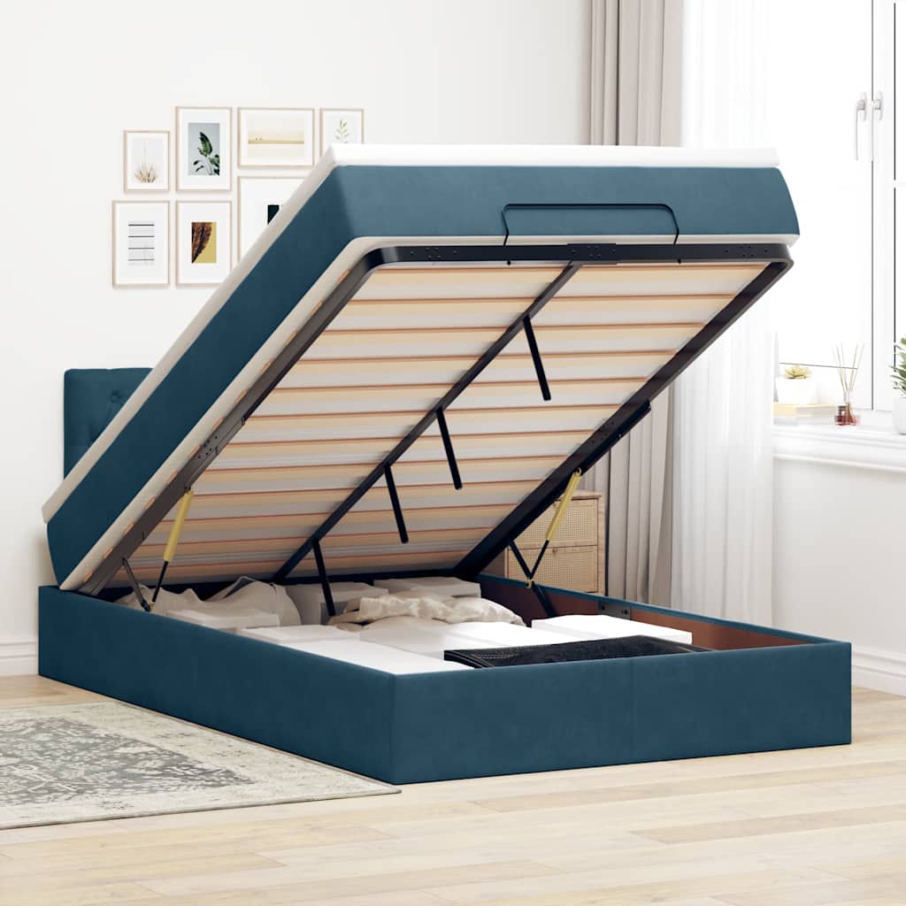 Cama otomana com colchão 120x190 cm veludo azul-escuro