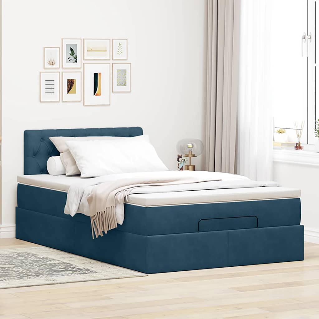 Cama otomana com colchão 120x190 cm veludo azul-escuro
