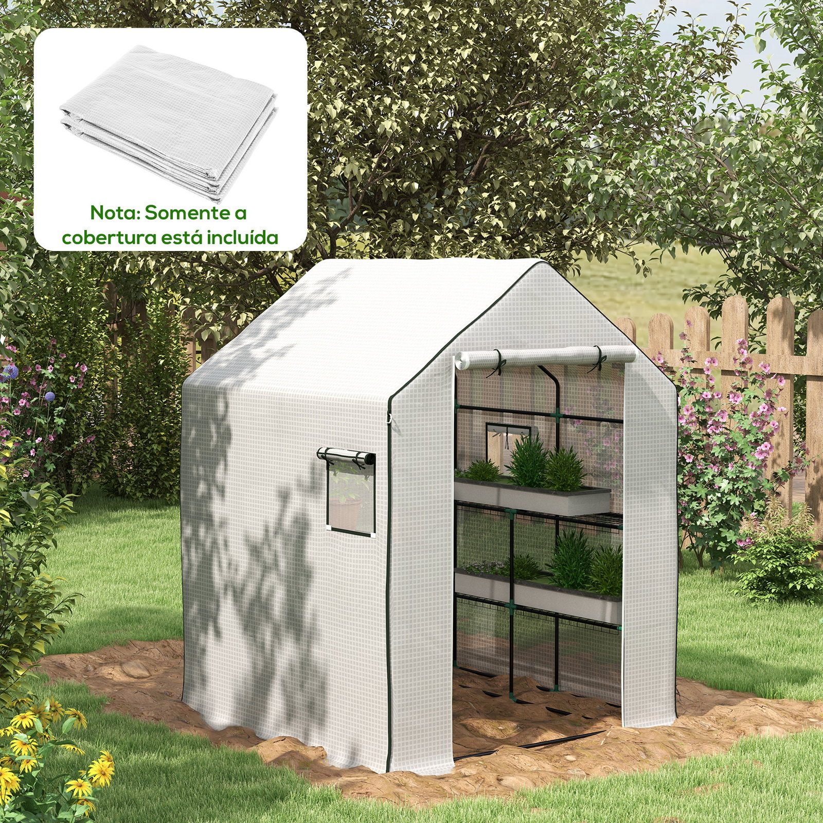 Cobertura de substituição para estufa 140x143x190 cm com janela porta anti-UV proteção de plantas para jardim branco
