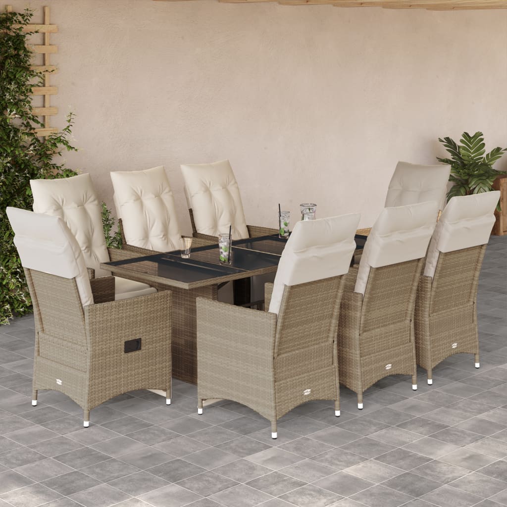 9 Pcs conjunto de bistrô para jardim c/ almofadões vime PE bege