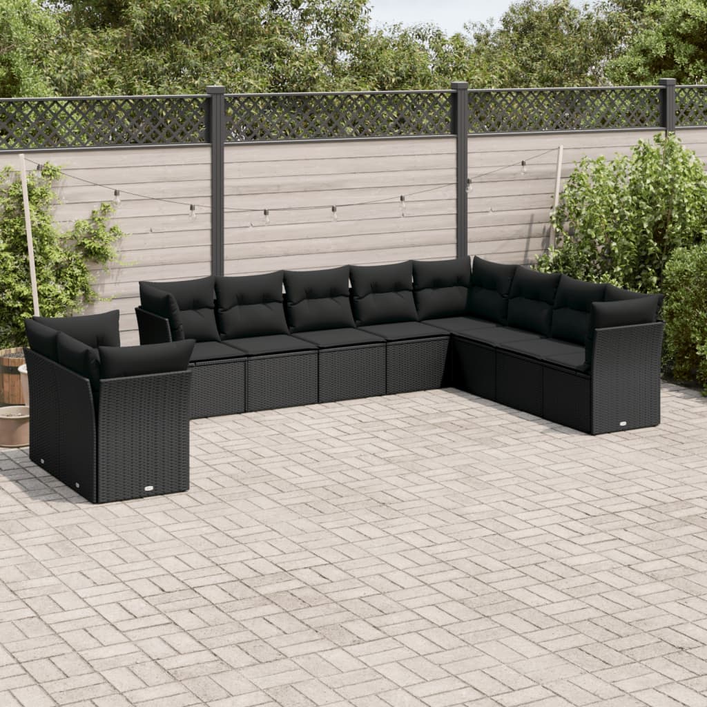 10 Pcs conjunto sofás de jardim c/ almofadões vime PE preto
