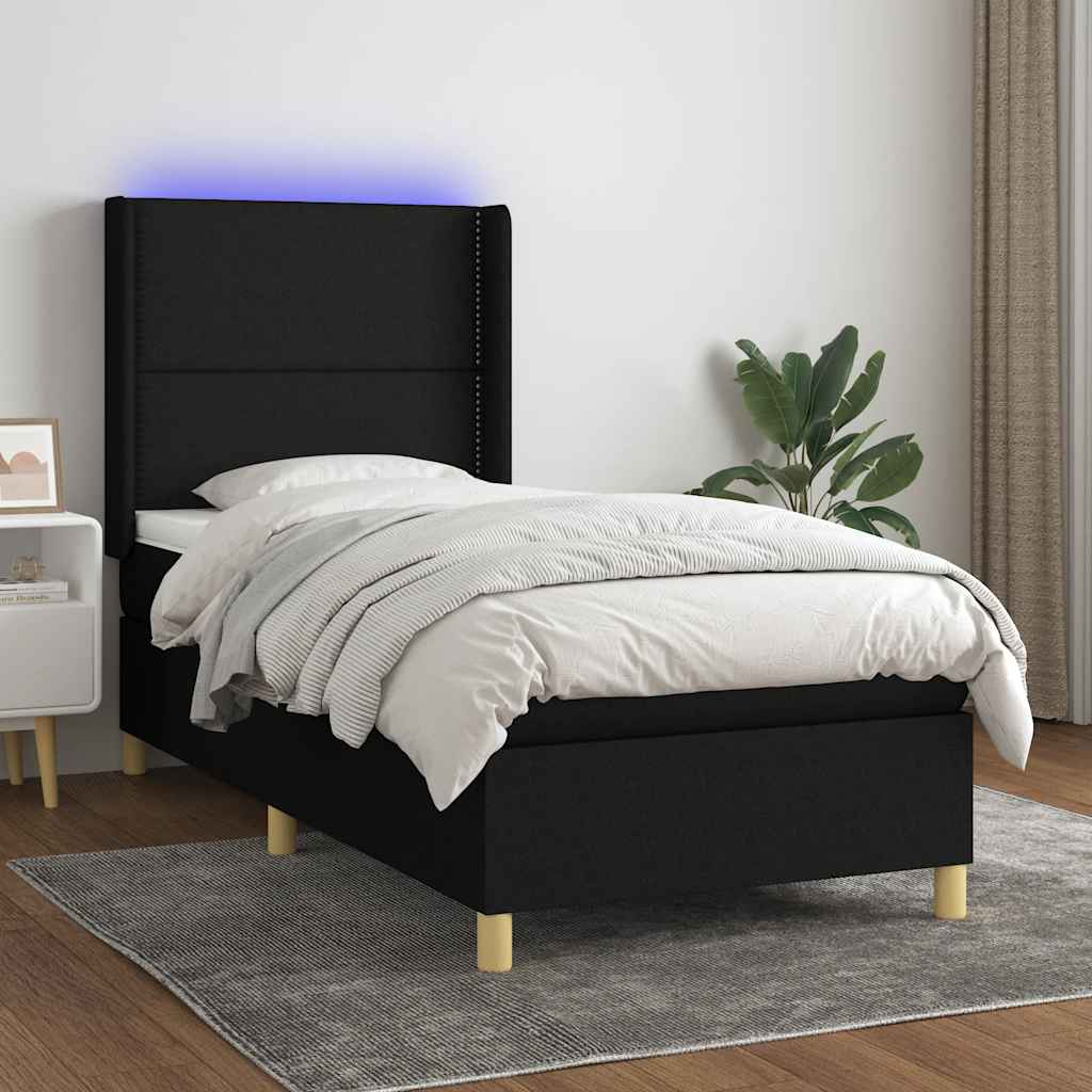 Cama box spring c/ colchão e LED 100x200 cm tecido preto