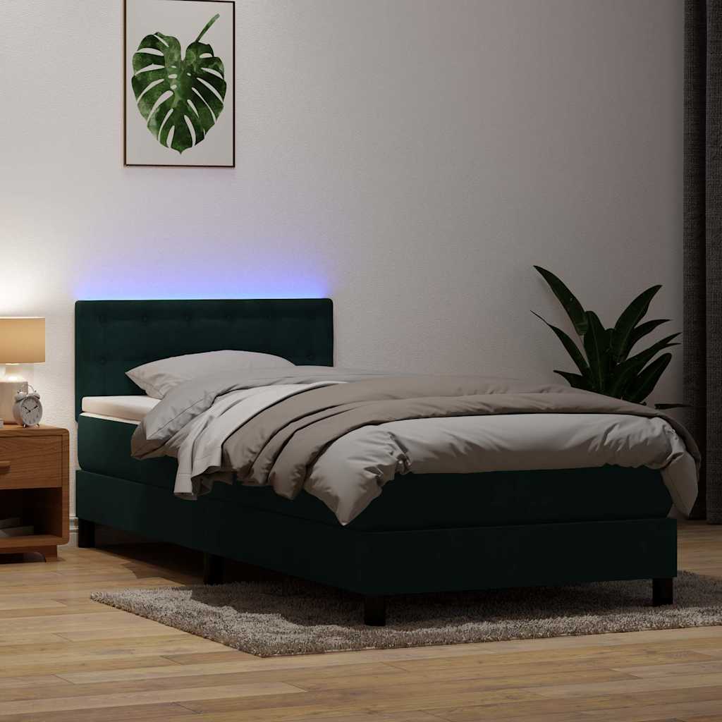 Cama box spring c/ colchão e LED verde-escuro 80x220 cm veludo