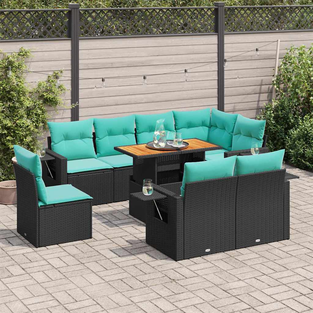 9 Pcs conjunto de sofás p/ jardim c/ almofadões vime PE preto