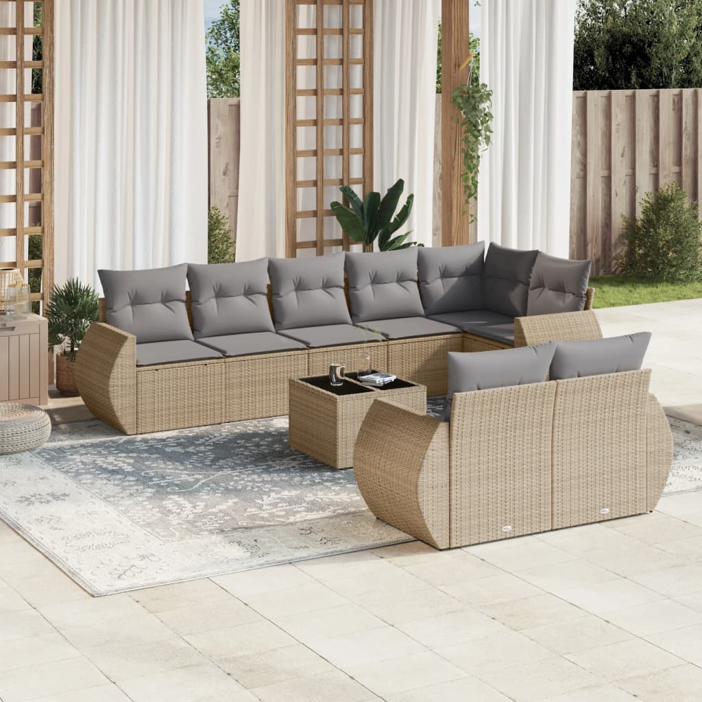 9 Pcs conjunto de sofás p/ jardim com almofadões vime PE bege