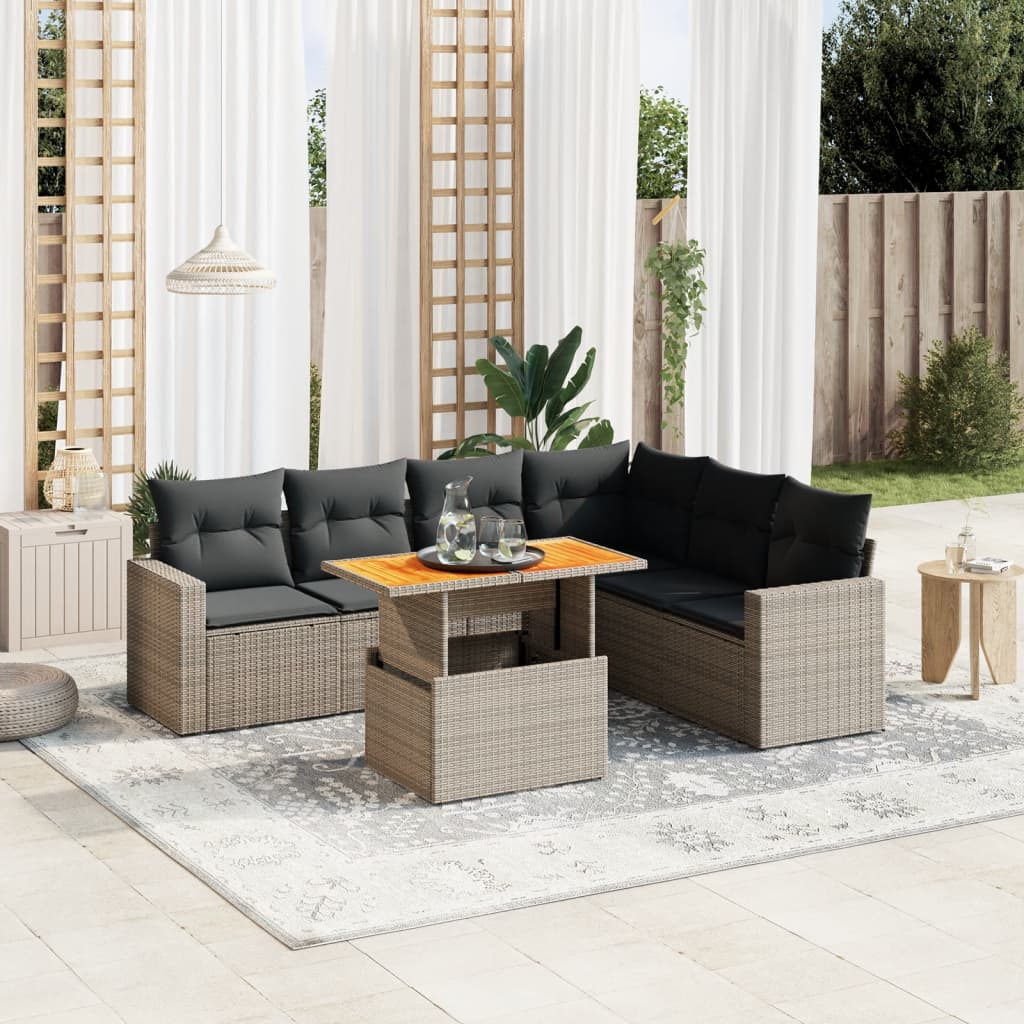 7 Pcs conjunto sofás p/ jardim c/ almofadões vime PE cinzento
