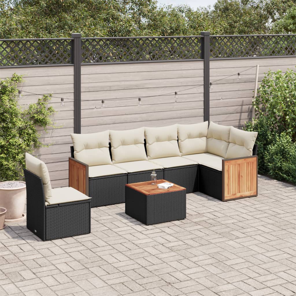 7 Pcs conjunto de sofás p/ jardim c/ almofadões vime PE preto