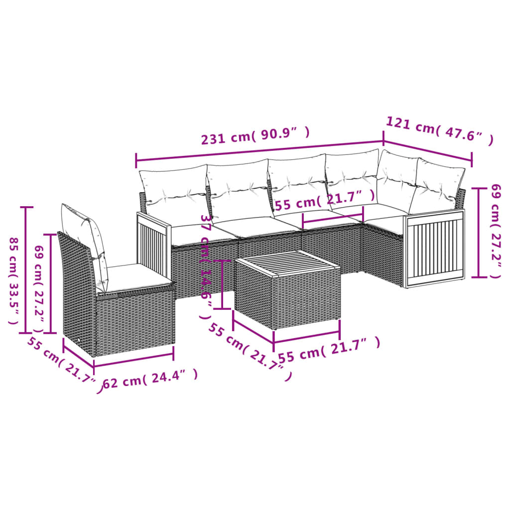 7 Pcs conjunto de sofás p/ jardim c/ almofadões vime PE preto