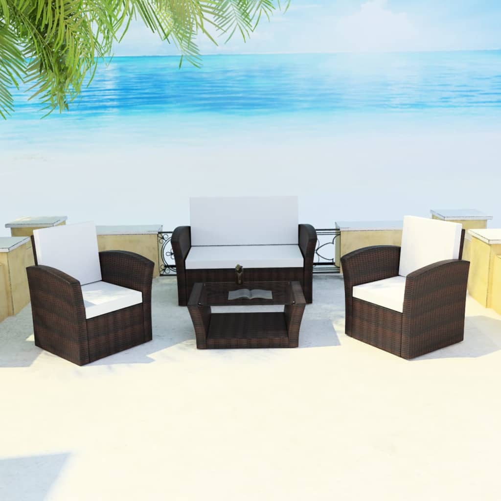 4 Pcs conjunto lounge jardim c/ almofadões vime PE castanho