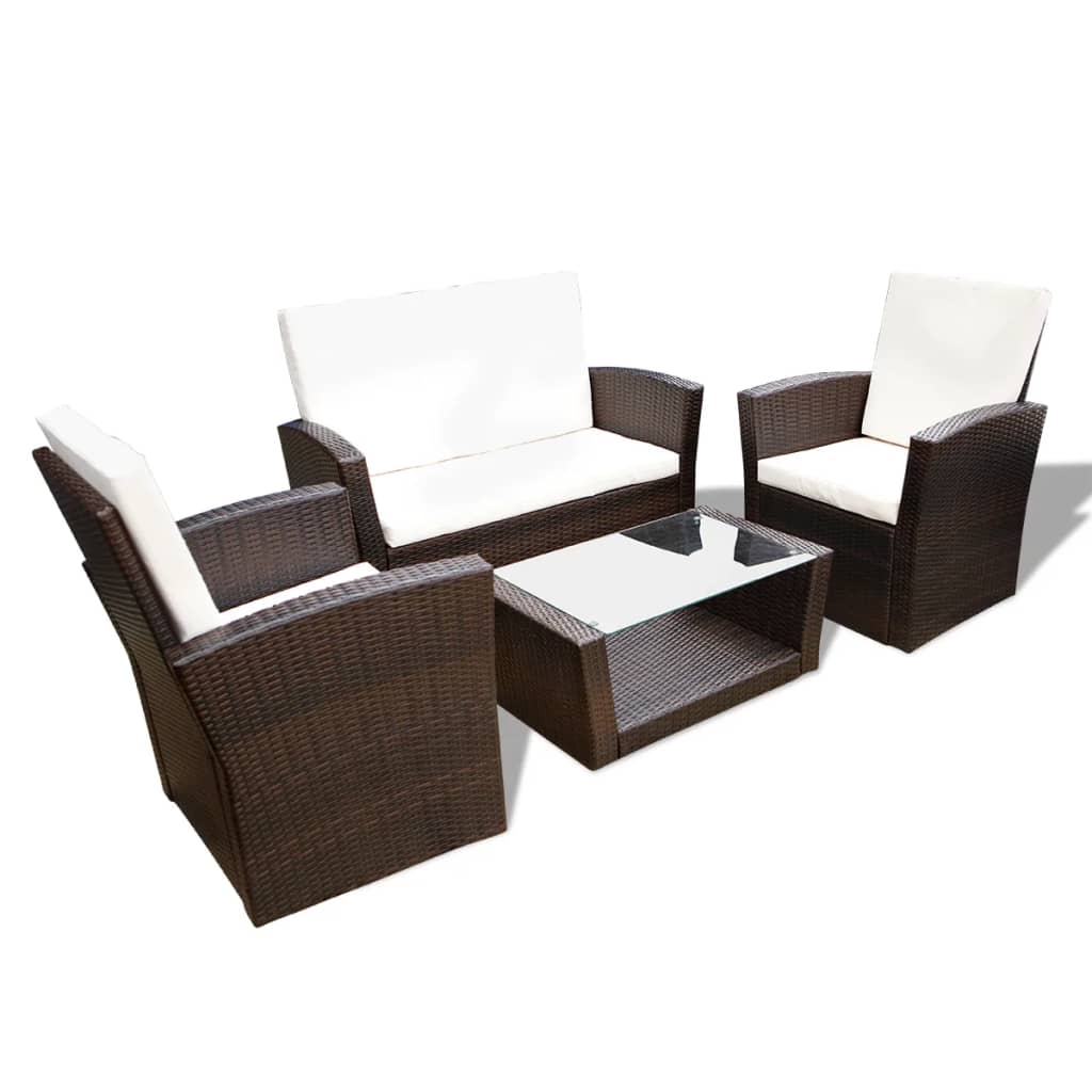 4 Pcs conjunto lounge jardim c/ almofadões vime PE castanho