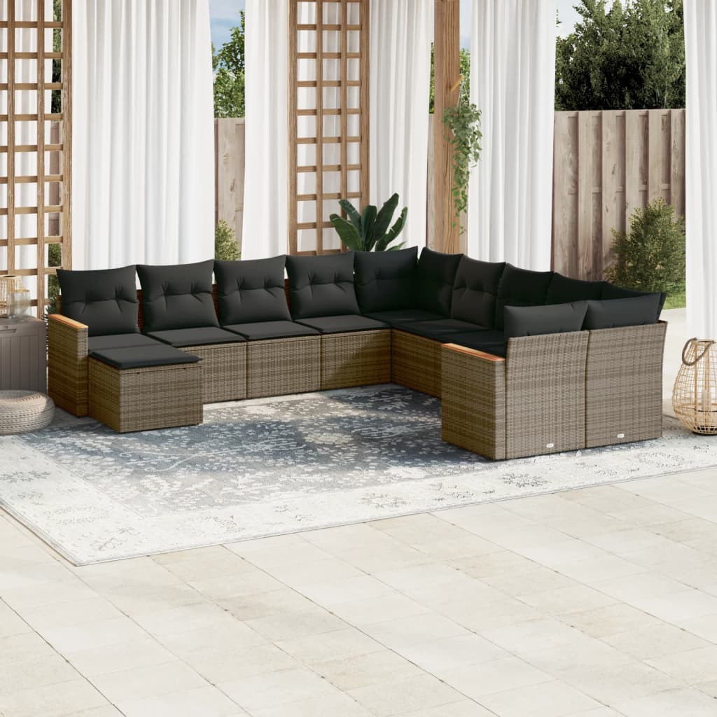 11 Pcs conjunto sofás de jardim c/ almofadões vime PE cinzento