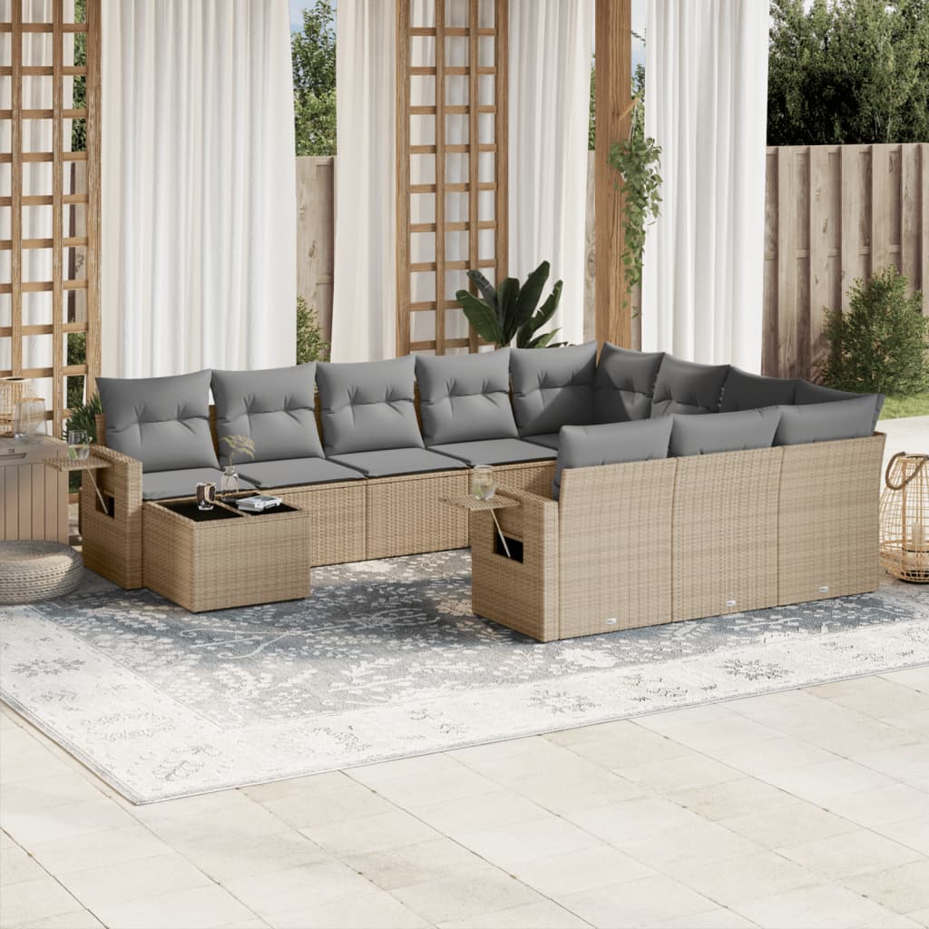 11 Pcs conjunto sofás de jardim c/ almofadões vime PE bege